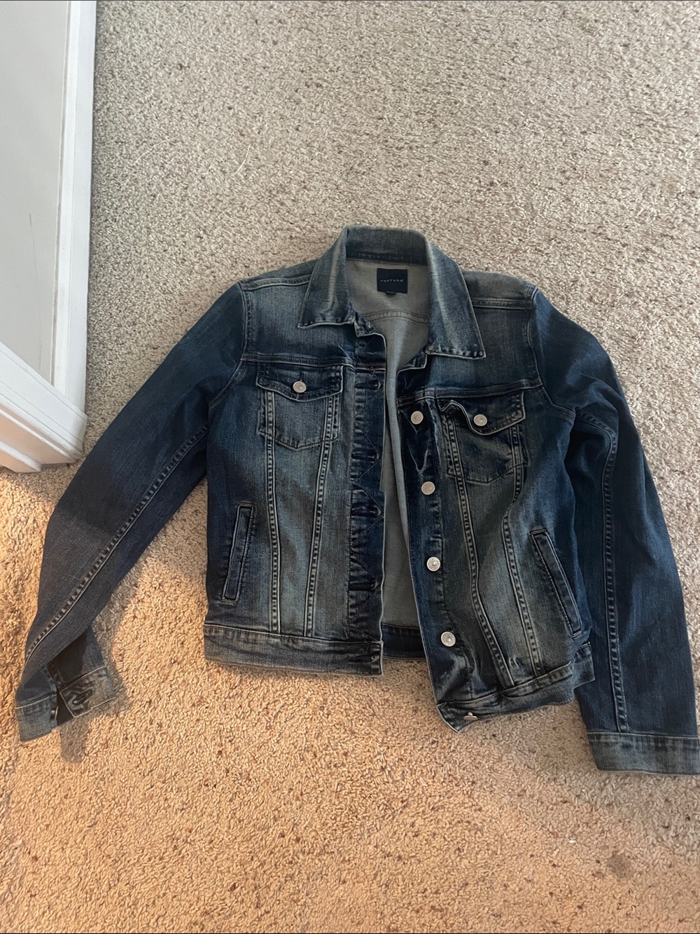 JUST USA Classic Dark Wash Denim Jacket - Distressed Look